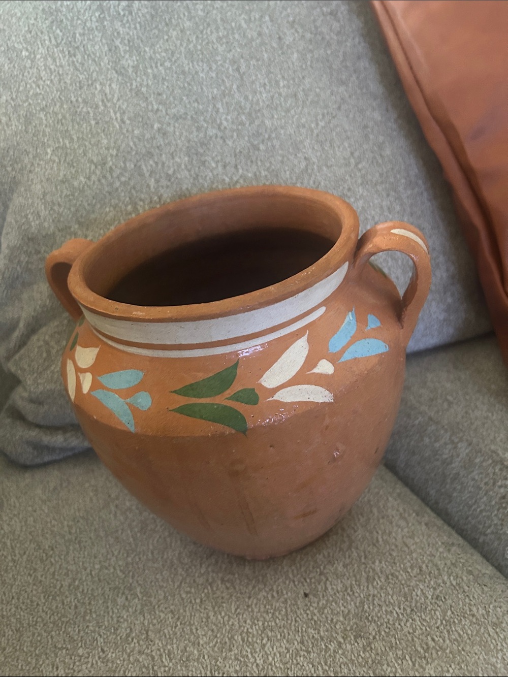 Hand-Painted Terracotta Flower Pot — Brown with White, Green, and Blue Accents